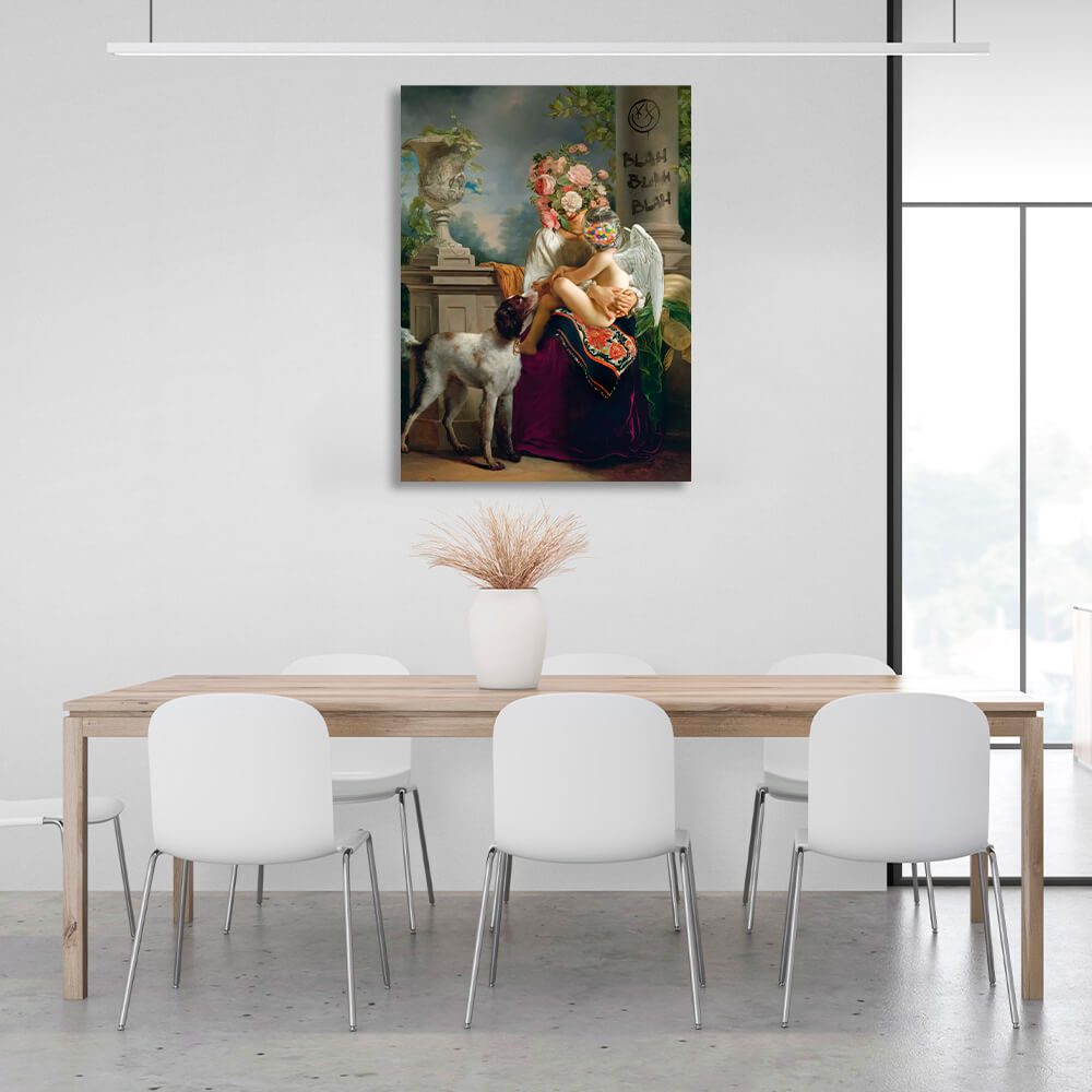 A woman with flowers on her head and an angel with candy Canvas Wall Art Print