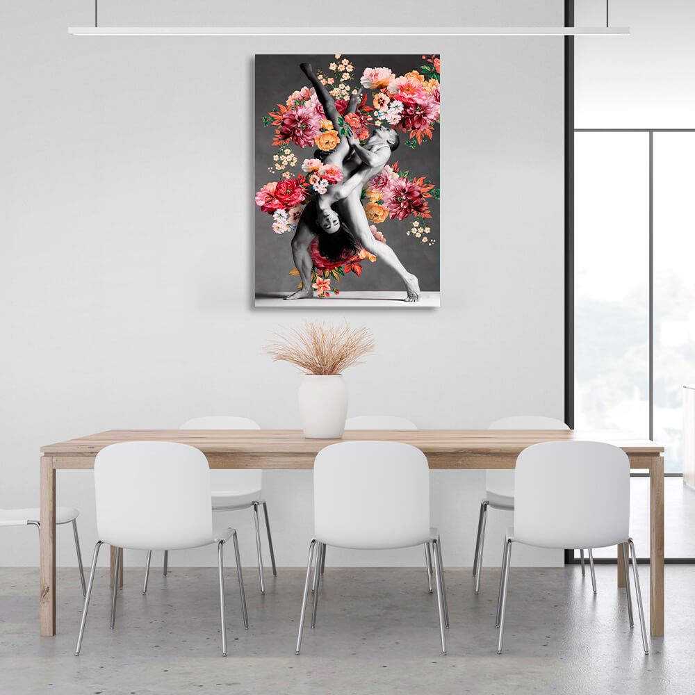 Male and female dancers in colorful flowers Canvas Wall Art Print