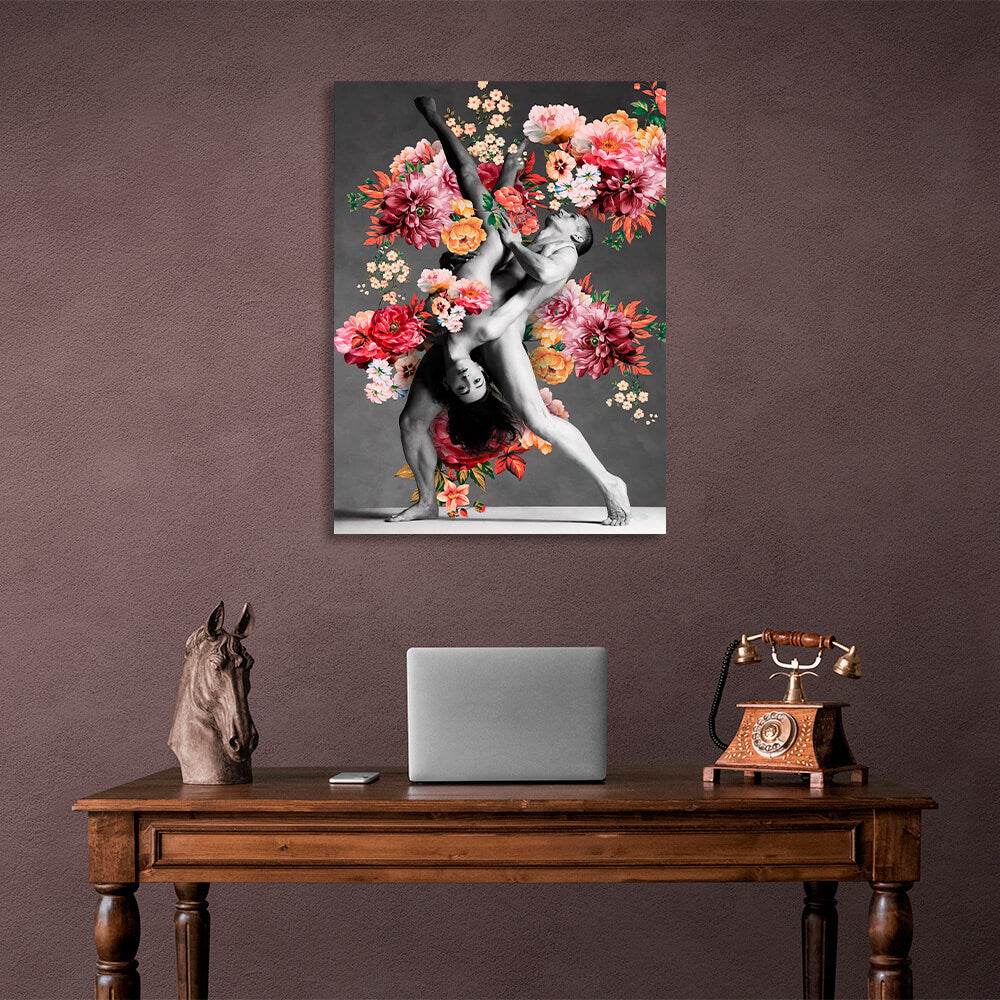 Male and female dancers in colorful flowers Canvas Wall Art Print