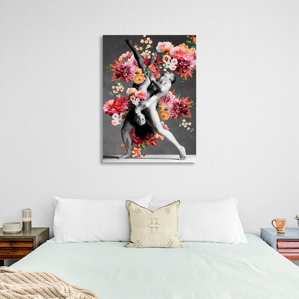 Male and female dancers in colorful flowers Canvas Wall Art Print