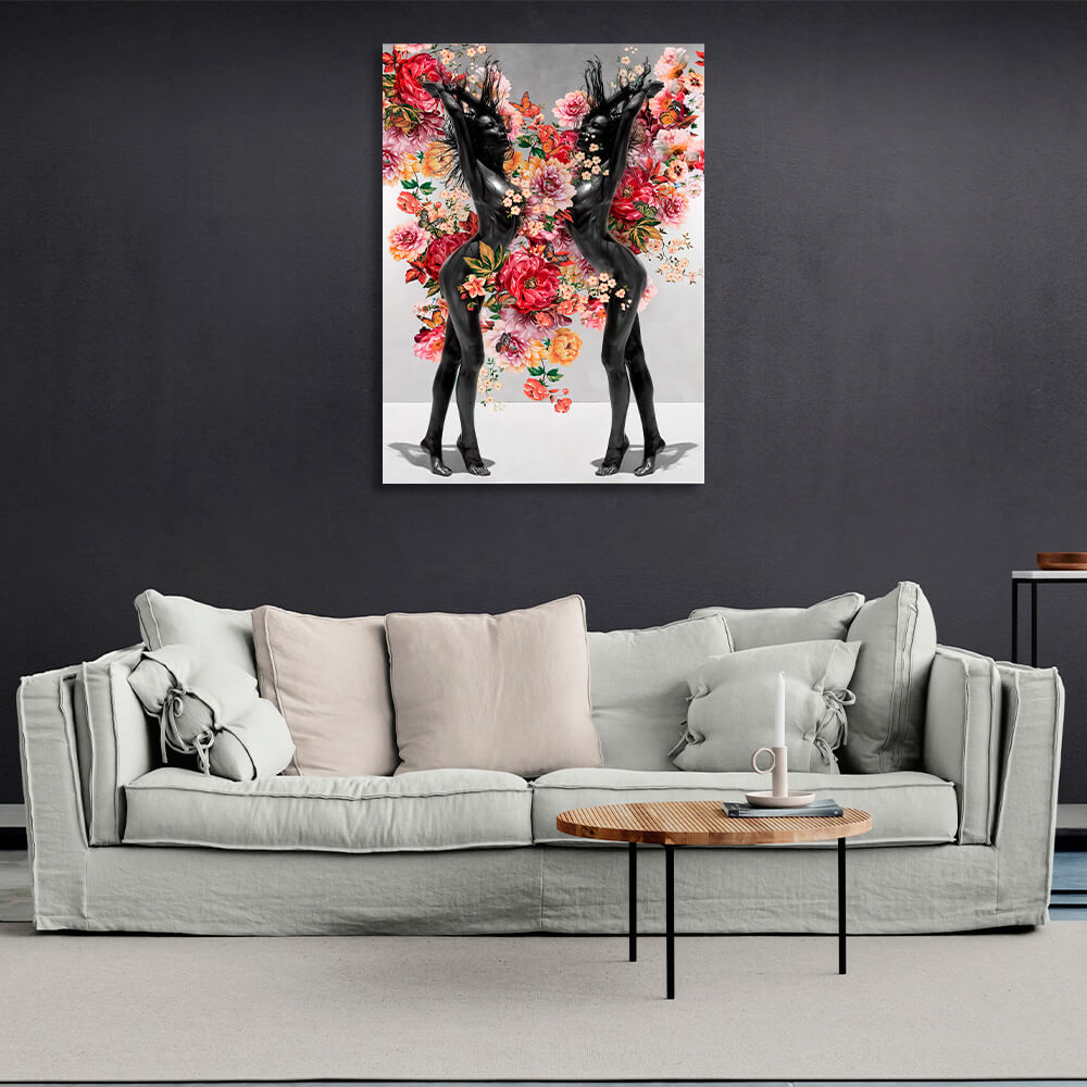 Two girls in flowers Canvas Wall Art Print