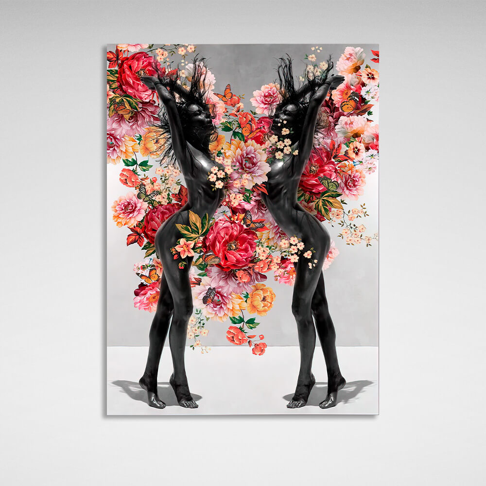 Two girls in flowers Canvas Wall Art Print