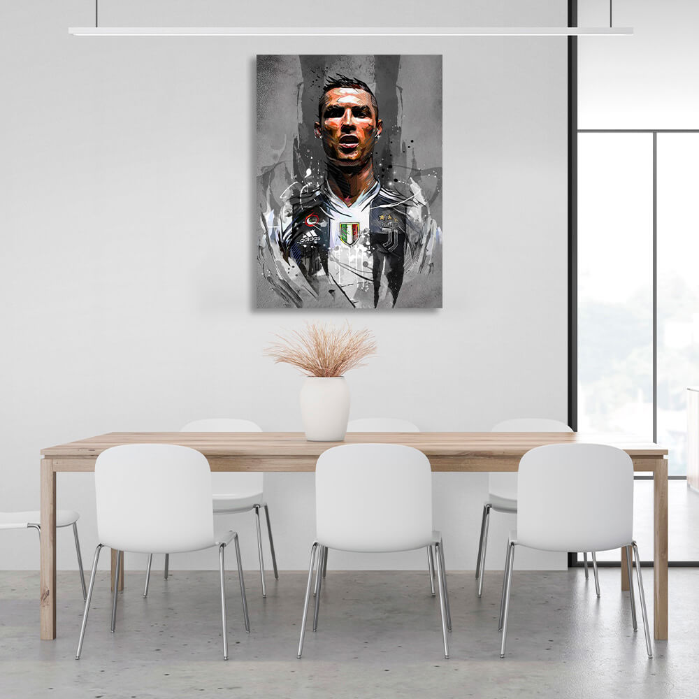 Kunstdruck auf Leinwand, Fußballer Cristiano Ronaldo auf grauem Hintergrund