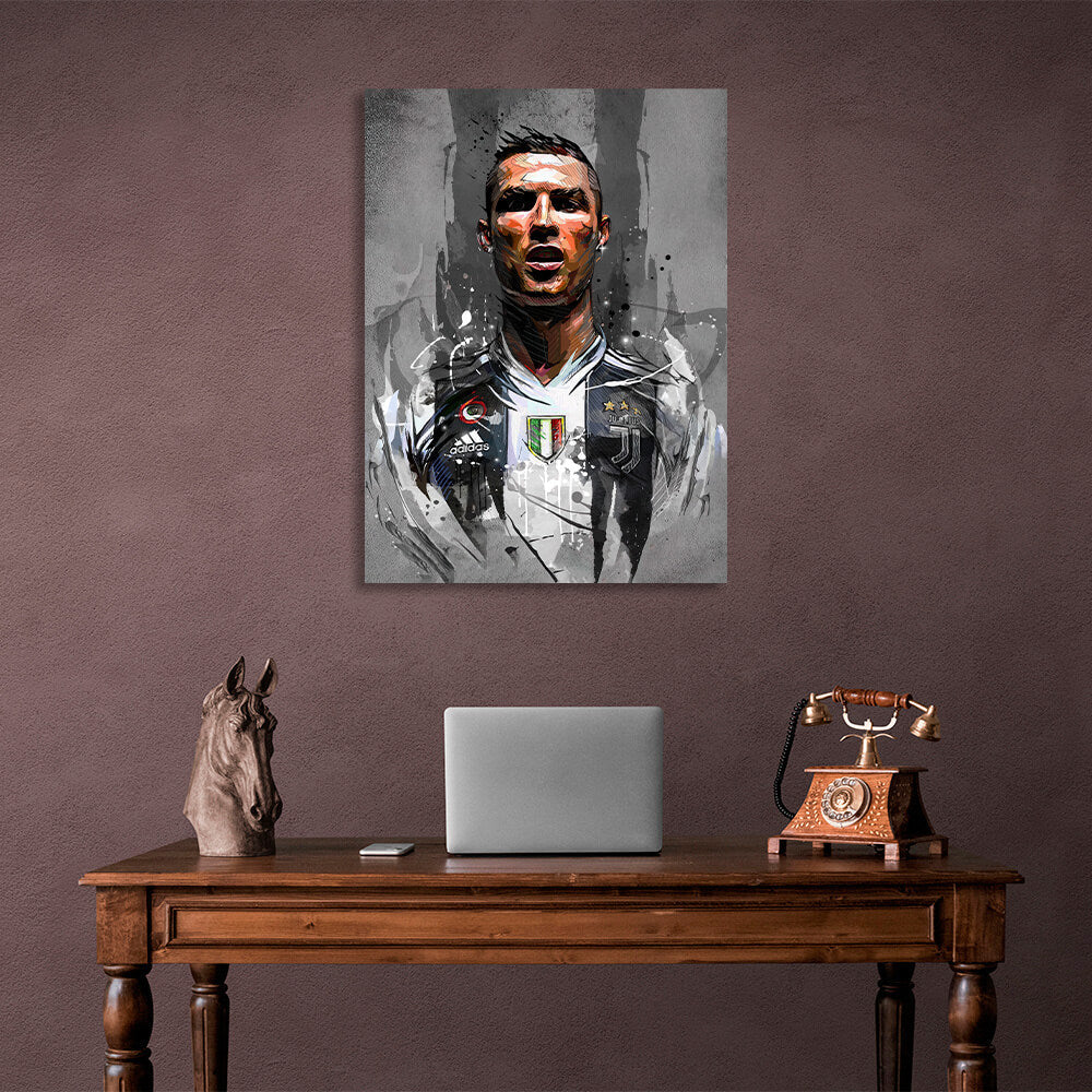 Kunstdruck auf Leinwand, Fußballer Cristiano Ronaldo auf grauem Hintergrund