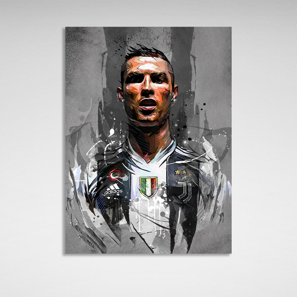 Kunstdruck auf Leinwand, Fußballer Cristiano Ronaldo auf grauem Hintergrund