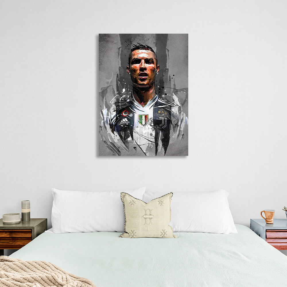 Kunstdruck auf Leinwand, Fußballer Cristiano Ronaldo auf grauem Hintergrund