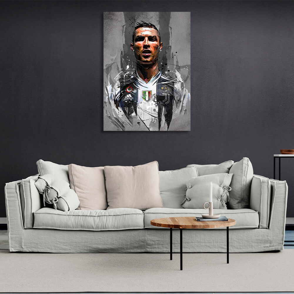 Kunstdruck auf Leinwand, Fußballer Cristiano Ronaldo auf grauem Hintergrund