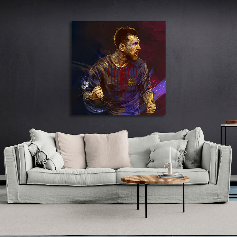 Kunstdruck auf Leinwand mit dem Fußballspieler des FC Barcelona, ​​Lionel Messi