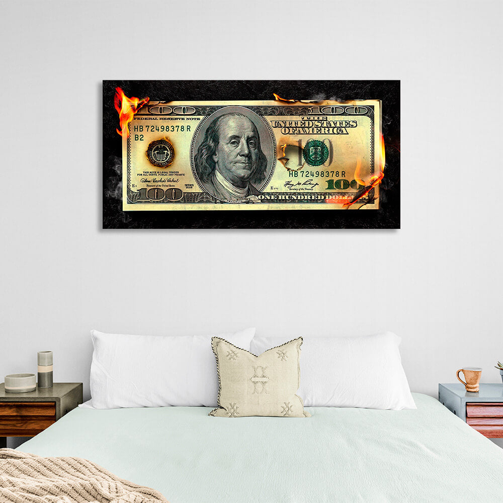 Brennendes Geld 100 Dollar inspirierender Kunstdruck auf Leinwand