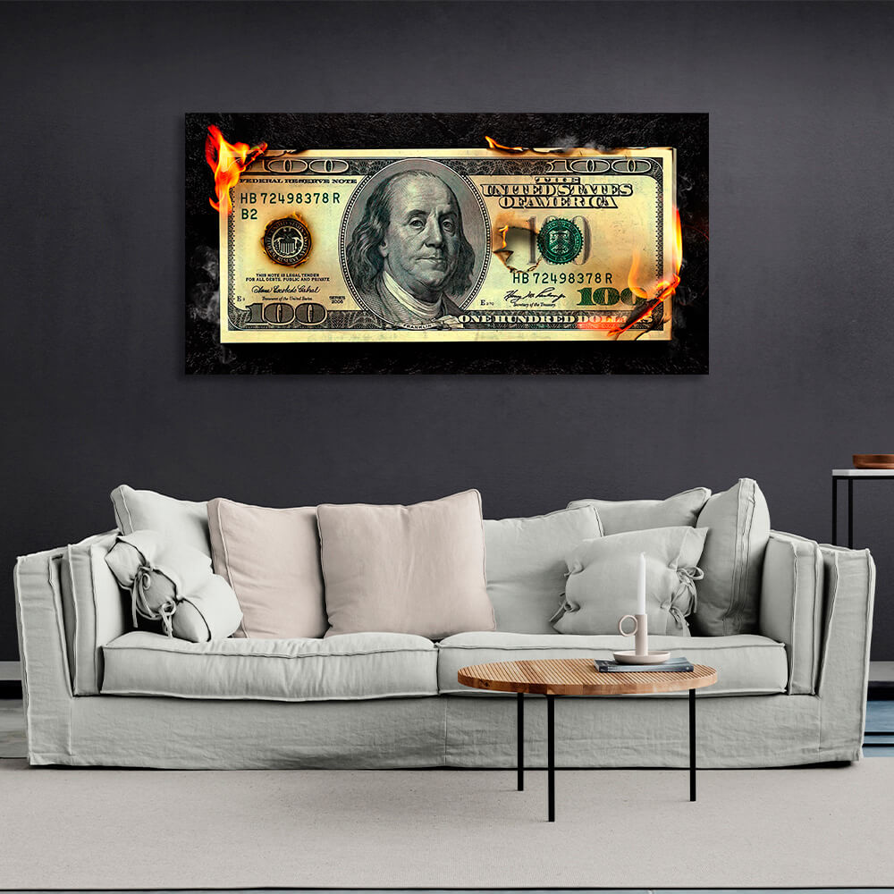 Brennendes Geld 100 Dollar inspirierender Kunstdruck auf Leinwand