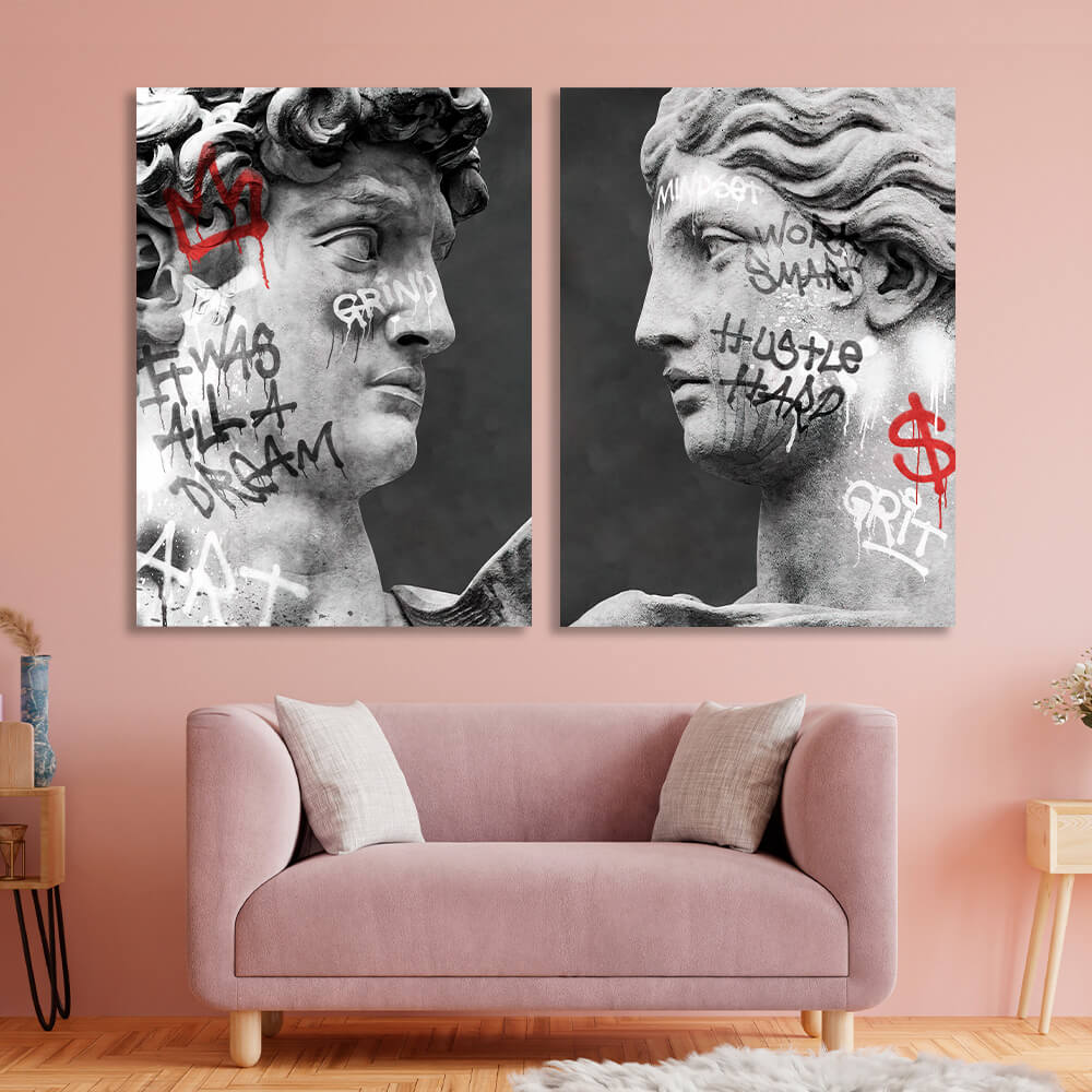 Modulares Diptychon aus 2 Teilen Statuen von Venus und David mit Graffiti Mehrteiliger Kunstdruck auf Leinwand