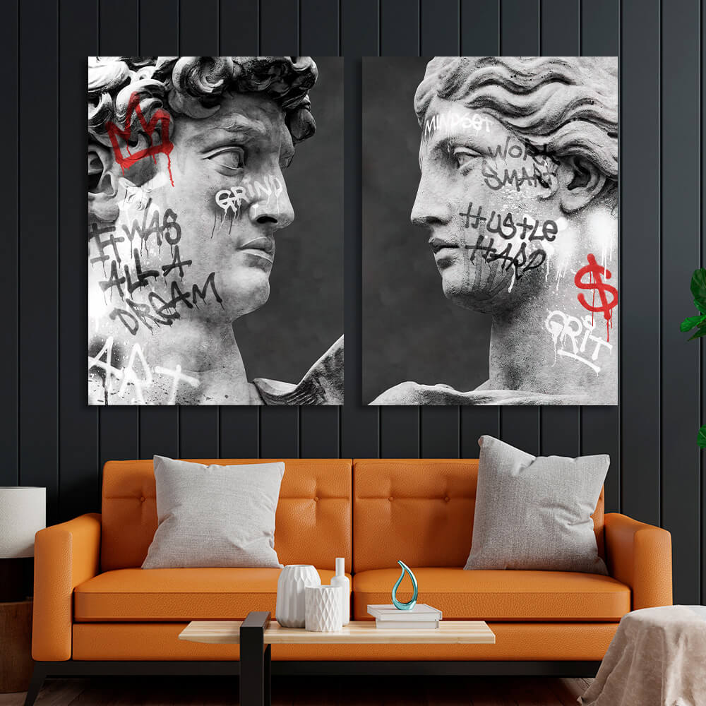 Modulares Diptychon aus 2 Teilen Statuen von Venus und David mit Graffiti Mehrteiliger Kunstdruck auf Leinwand