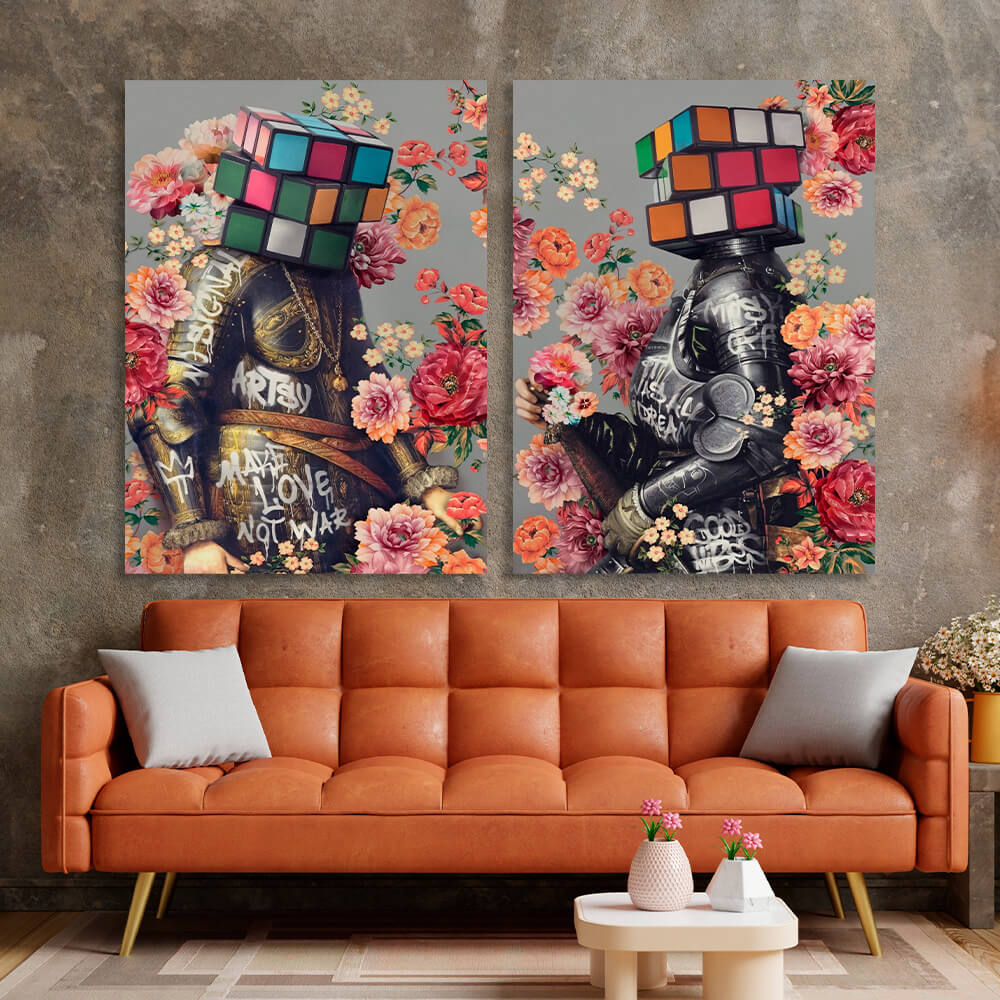 Modular diptych of 2 parts Knights in graffiti colors Multi Panel Canvas Wall Art Print