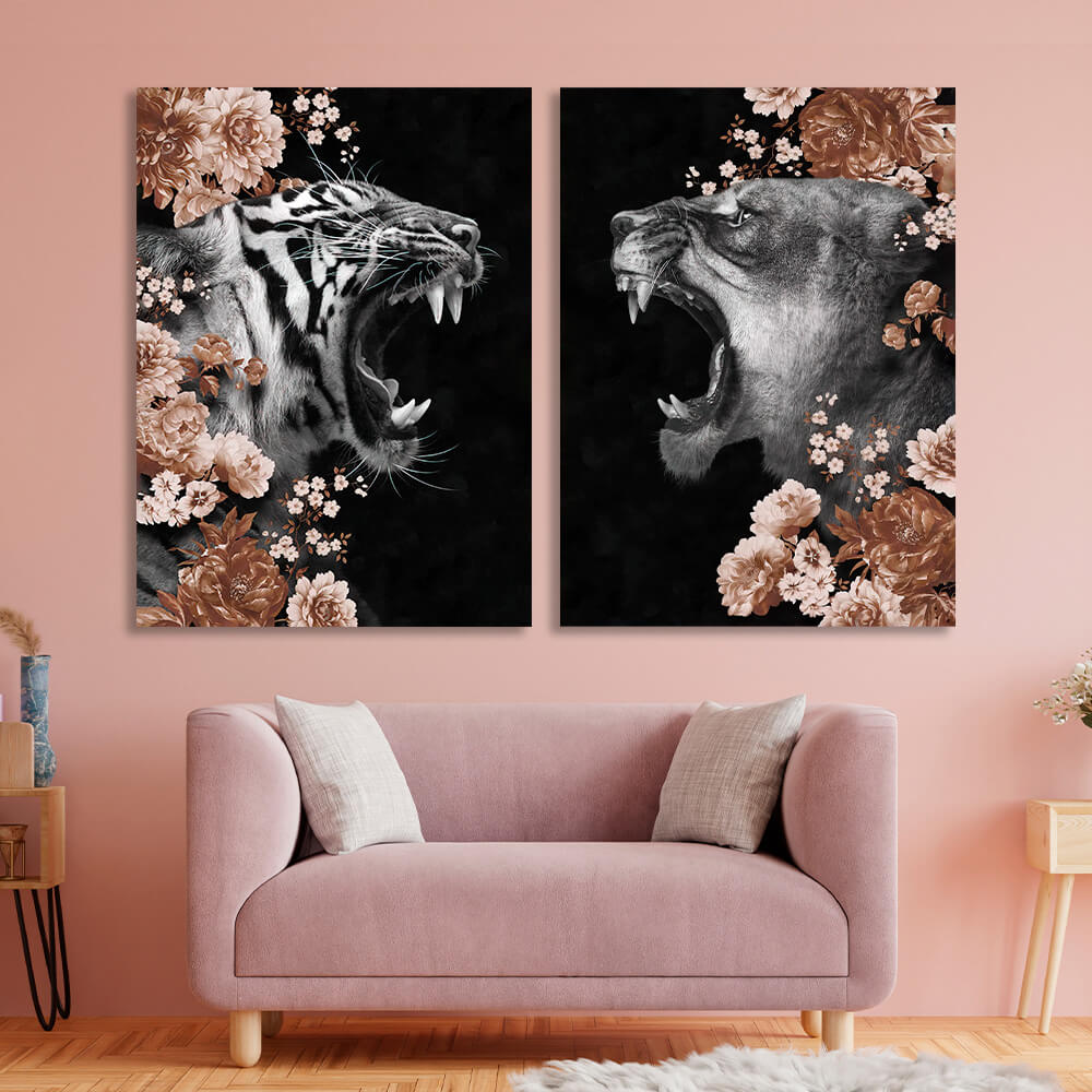 Modular diptych of 2 parts Lioness and Tigress in colors Multi Panel Canvas Wall Art Print