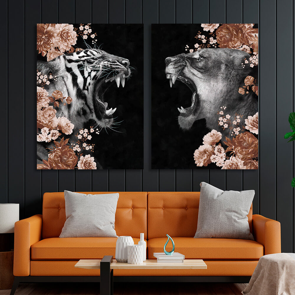 Modular diptych of 2 parts Lioness and Tigress in colors Multi Panel Canvas Wall Art Print