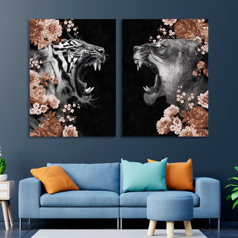 Modular diptych of 2 parts Lioness and Tigress in colors Multi Panel Canvas Wall Art Print