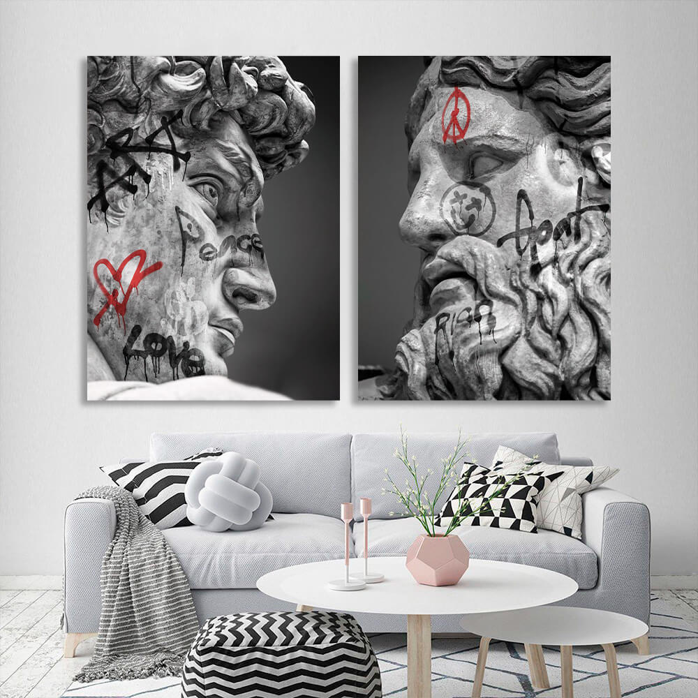 Modulares Diptychon aus 2 Teilen, Statuen Zeus und David mit Graffiti, mehrteiliger Kunstdruck auf Leinwand