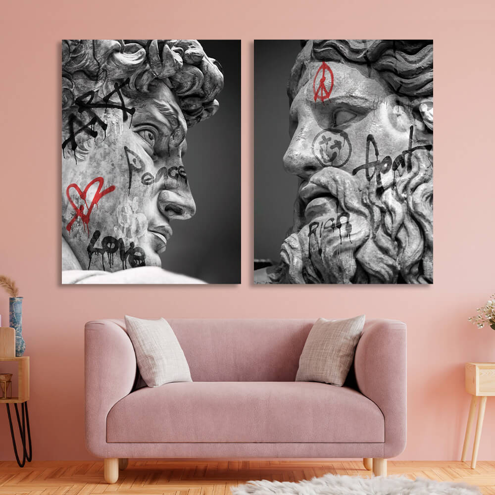 Modulares Diptychon aus 2 Teilen, Statuen Zeus und David mit Graffiti, mehrteiliger Kunstdruck auf Leinwand