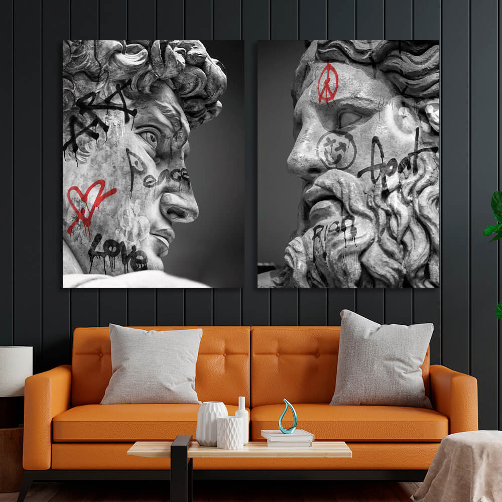 Modulares Diptychon aus 2 Teilen, Statuen Zeus und David mit Graffiti, mehrteiliger Kunstdruck auf Leinwand