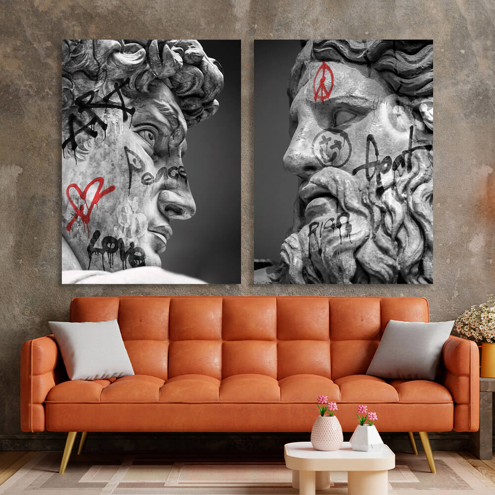 Modulares Diptychon aus 2 Teilen, Statuen Zeus und David mit Graffiti, mehrteiliger Kunstdruck auf Leinwand