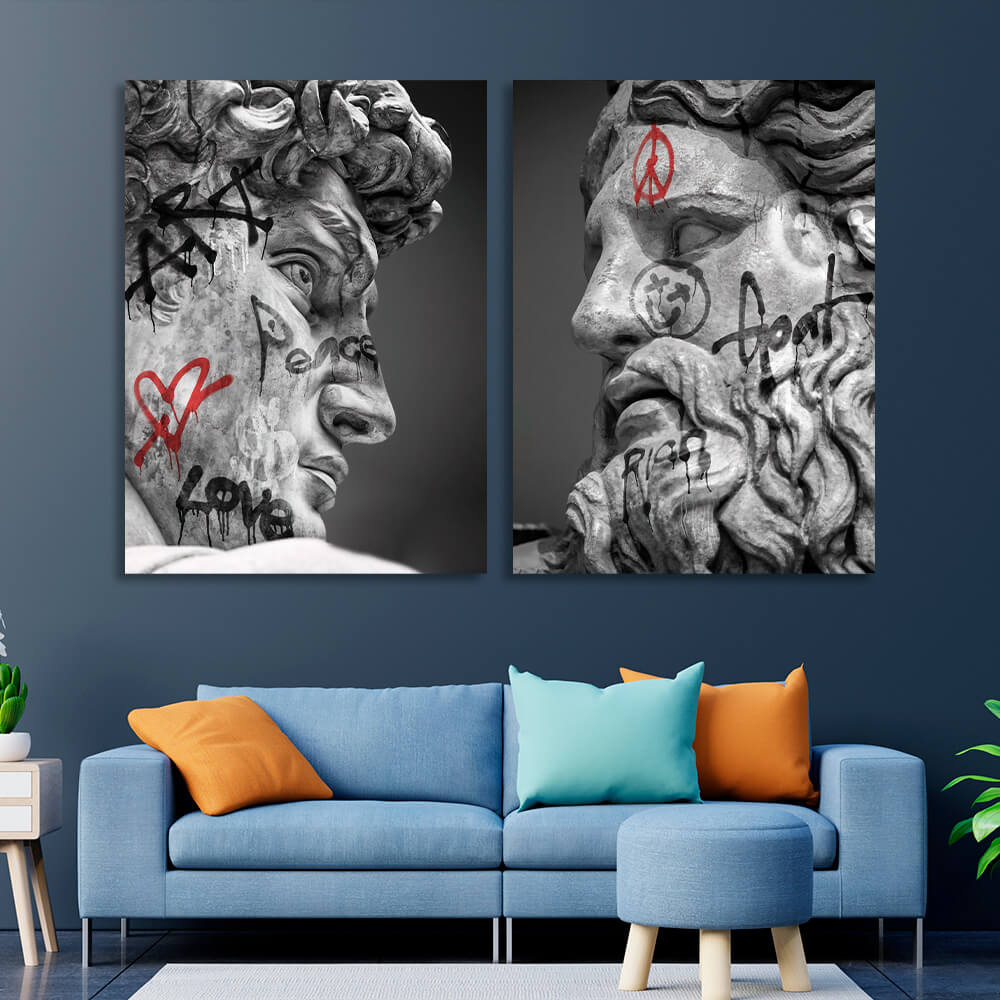 Modulares Diptychon aus 2 Teilen, Statuen Zeus und David mit Graffiti, mehrteiliger Kunstdruck auf Leinwand