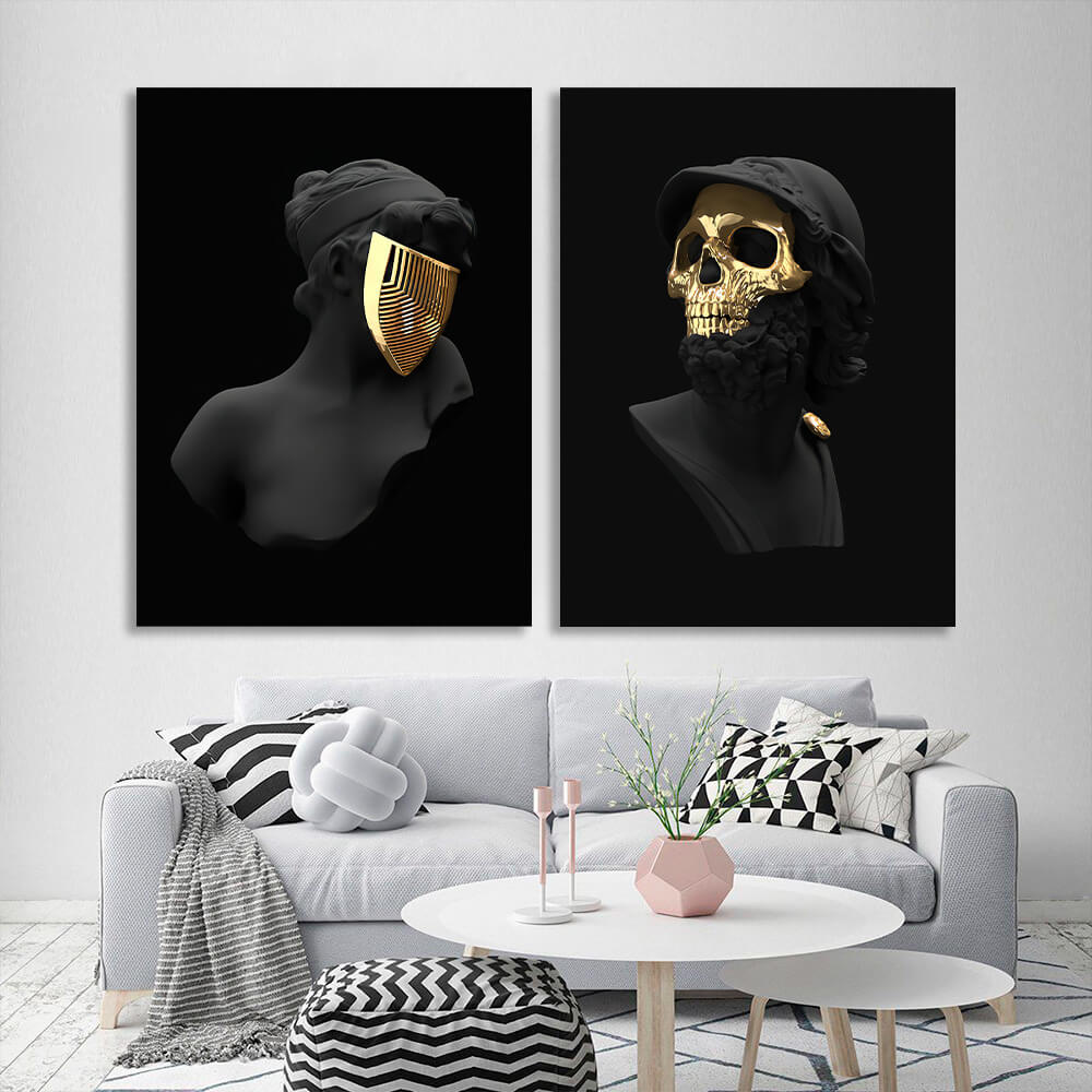 Modulares Diptychon aus 2 Teilen Statuen einer Frau und eines Mannes in goldenen Masken. Mehrteiliger Kunstdruck auf Leinwand.