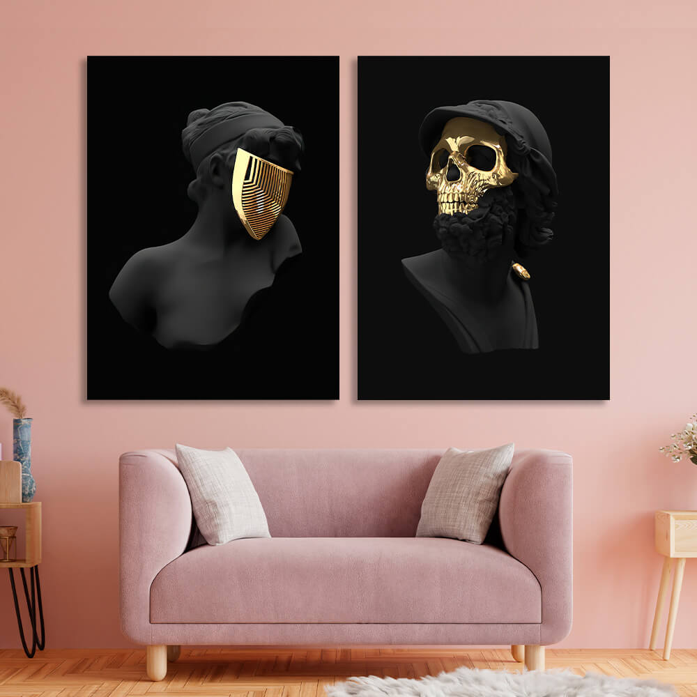 Modulares Diptychon aus 2 Teilen Statuen einer Frau und eines Mannes in goldenen Masken. Mehrteiliger Kunstdruck auf Leinwand.