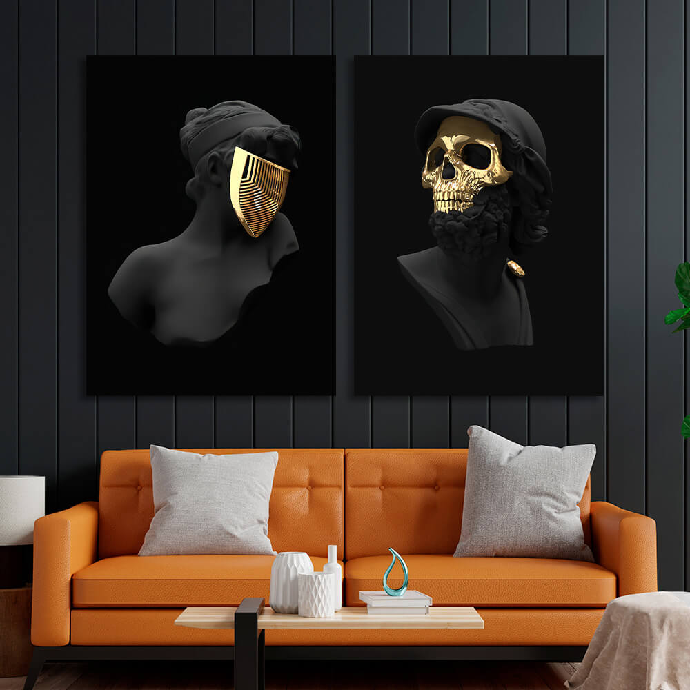 Modulares Diptychon aus 2 Teilen Statuen einer Frau und eines Mannes in goldenen Masken. Mehrteiliger Kunstdruck auf Leinwand.