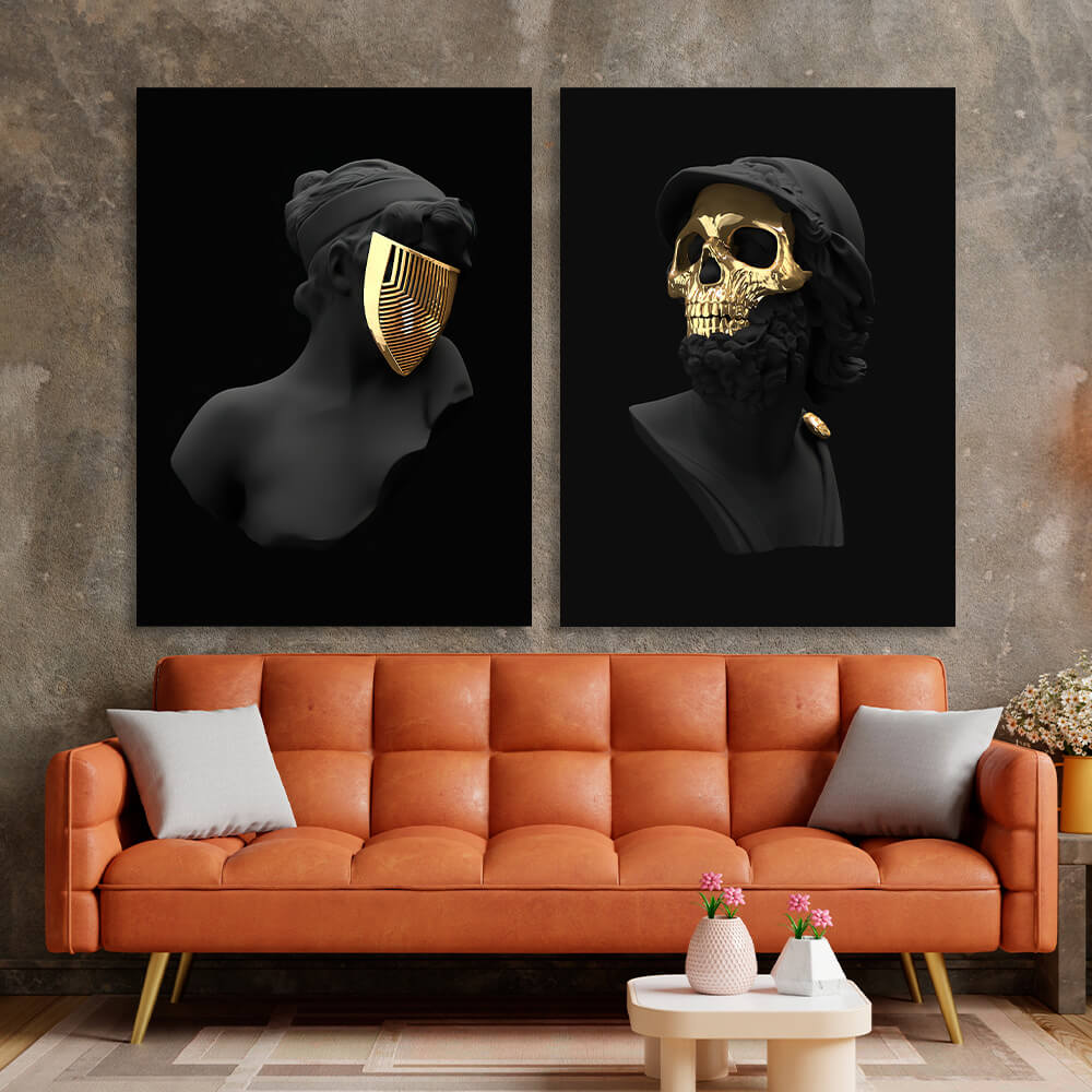 Modulares Diptychon aus 2 Teilen Statuen einer Frau und eines Mannes in goldenen Masken. Mehrteiliger Kunstdruck auf Leinwand.