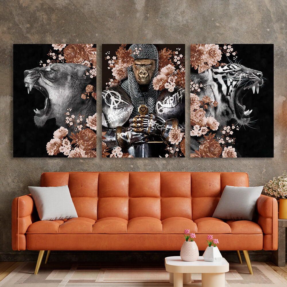 Modular interior triptych of 3 parts Knight Monkey Monkey Lioness and Tigress in colors Multi Panel Canvas Wall Art Print