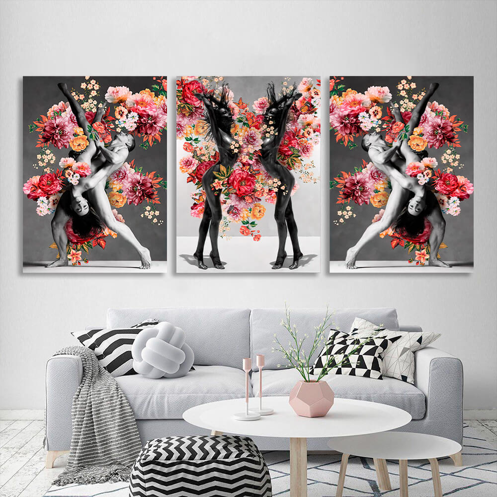 Modulares 3-teiliges Triptychon „Frauen und Tänzerinnen in Blumen“, mehrteiliger Kunstdruck auf Leinwand