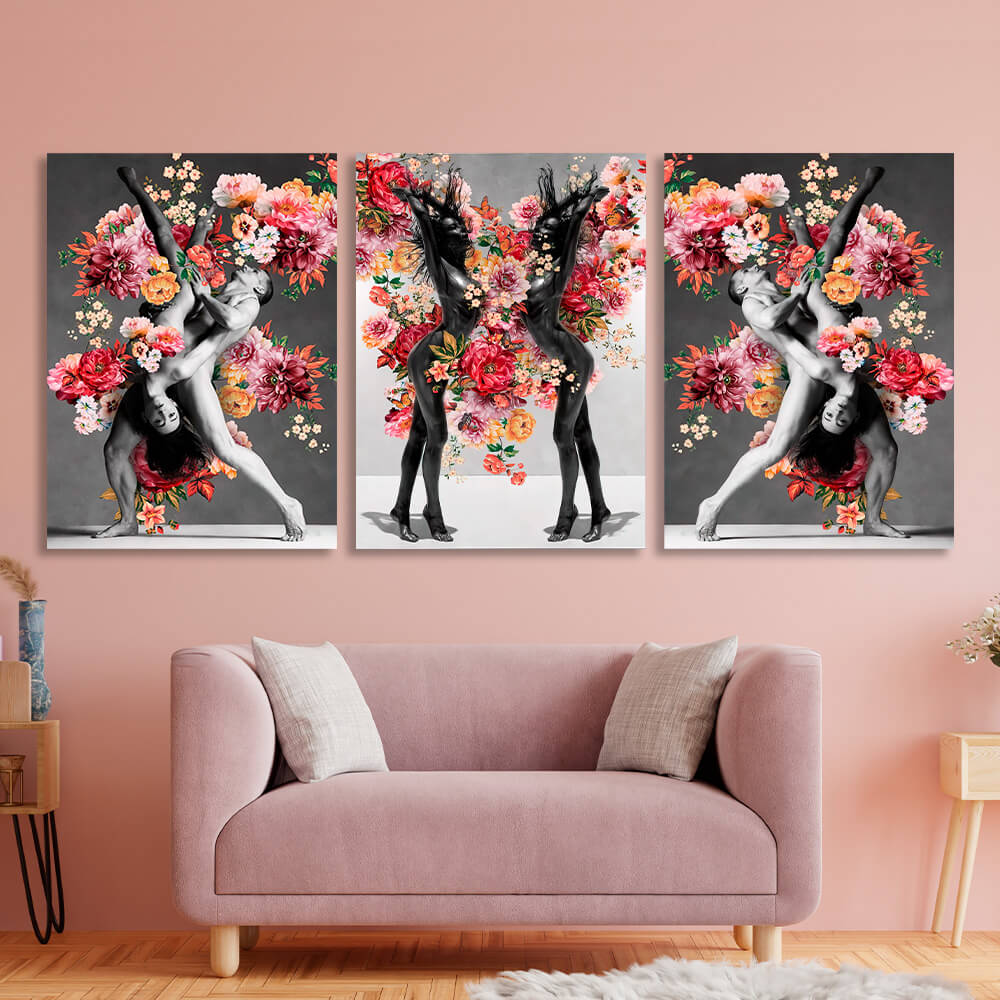 Modulares 3-teiliges Triptychon „Frauen und Tänzerinnen in Blumen“, mehrteiliger Kunstdruck auf Leinwand