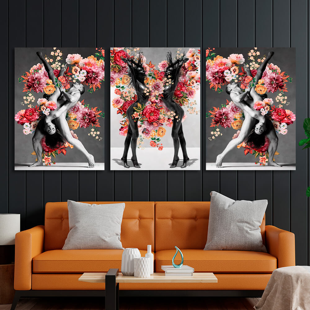 Modulares 3-teiliges Triptychon „Frauen und Tänzerinnen in Blumen“, mehrteiliger Kunstdruck auf Leinwand