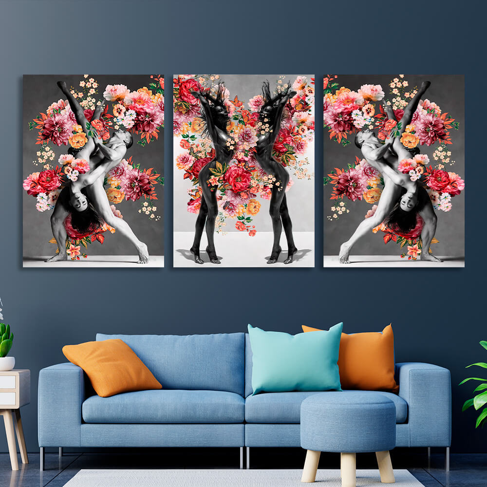 Modulares 3-teiliges Triptychon „Frauen und Tänzerinnen in Blumen“, mehrteiliger Kunstdruck auf Leinwand