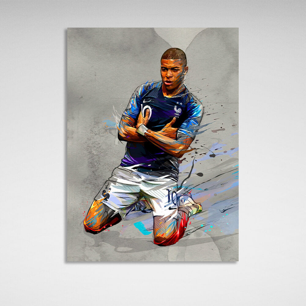 Footballer Kylian Mbappe's goal celebration Canvas Wall Art Print