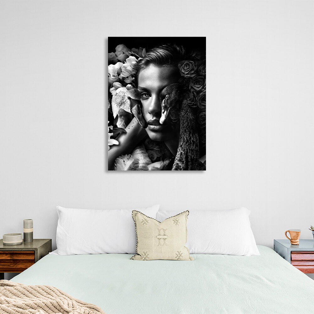 A woman and swans in flowers black and white Canvas Wall Art Print