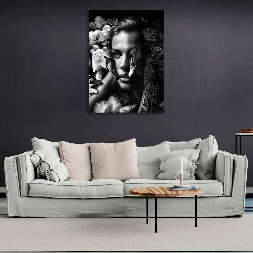 A woman and swans in flowers black and white Canvas Wall Art Print