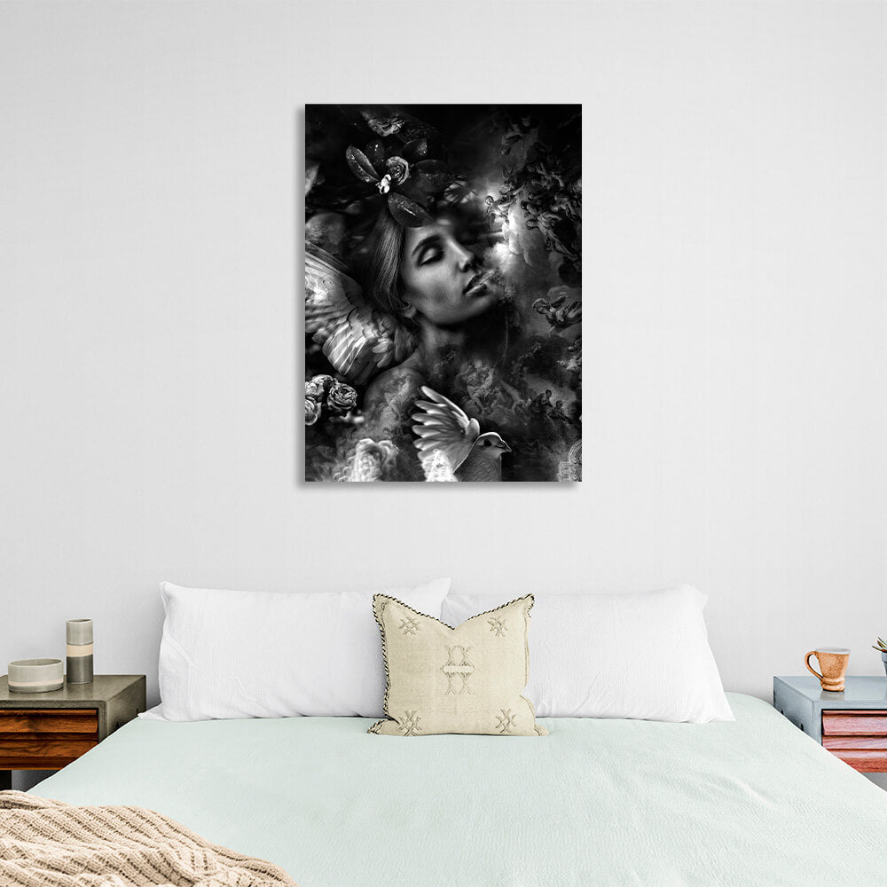 A woman with wings black and white Canvas Wall Art Print