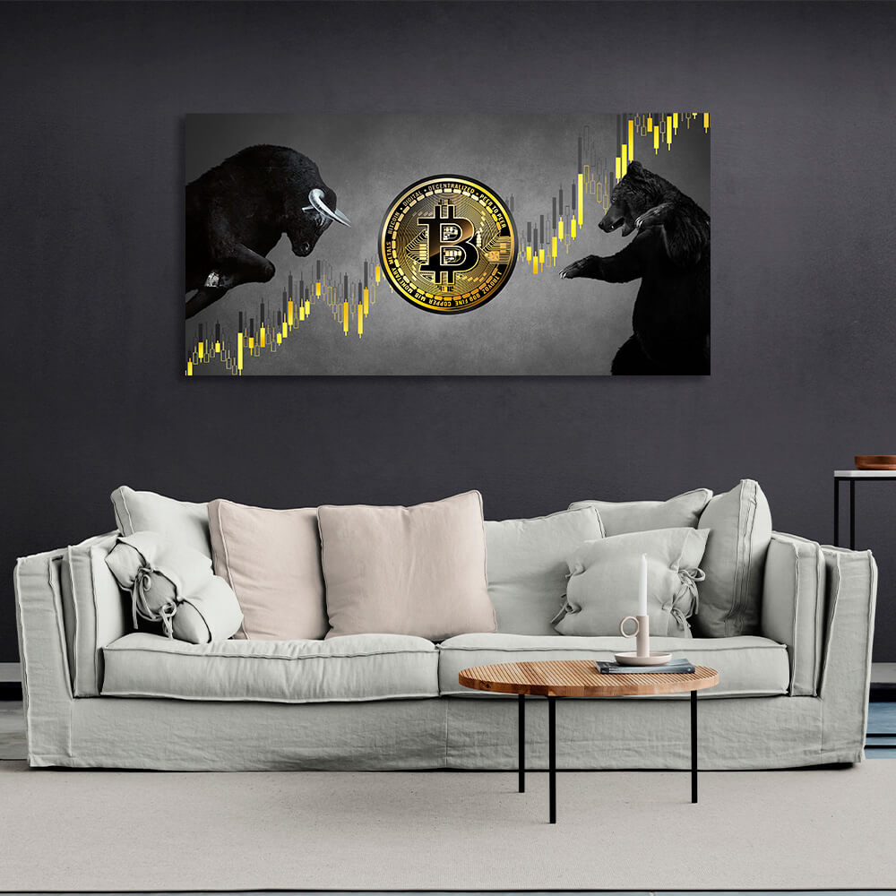 Bitcoin Bulle und Bär auf grauem Hintergrund Inspirierender Leinwand-Kunstdruck