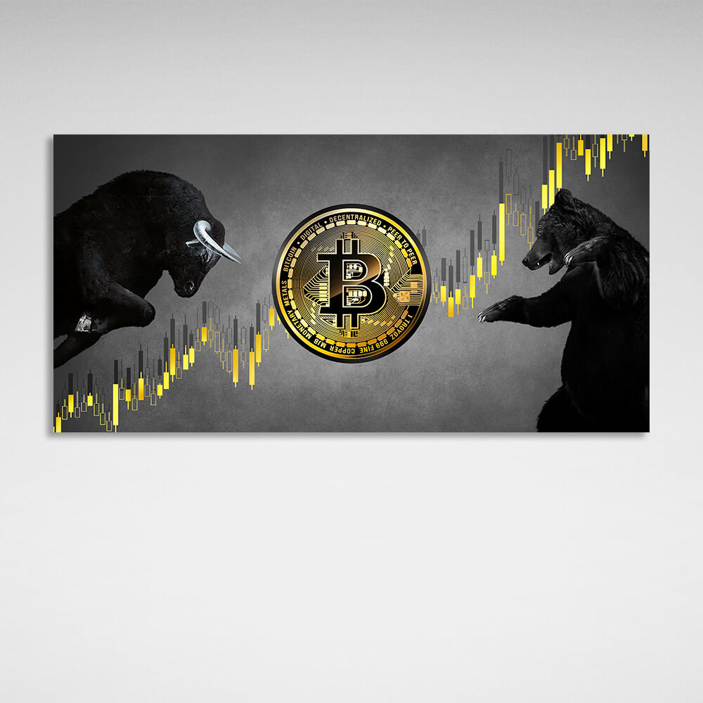 Bitcoin bull and bear on a gray background Inspirational Canvas Wall Art Print