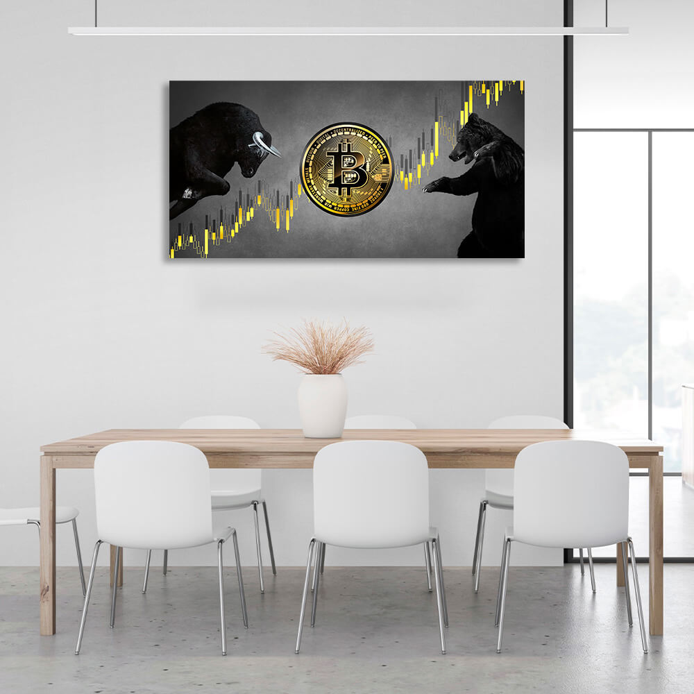 Bitcoin Bulle und Bär auf grauem Hintergrund Inspirierender Leinwand-Kunstdruck