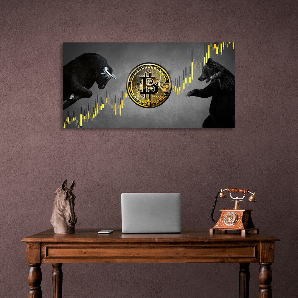 Bitcoin Bulle und Bär auf grauem Hintergrund Inspirierender Leinwand-Kunstdruck