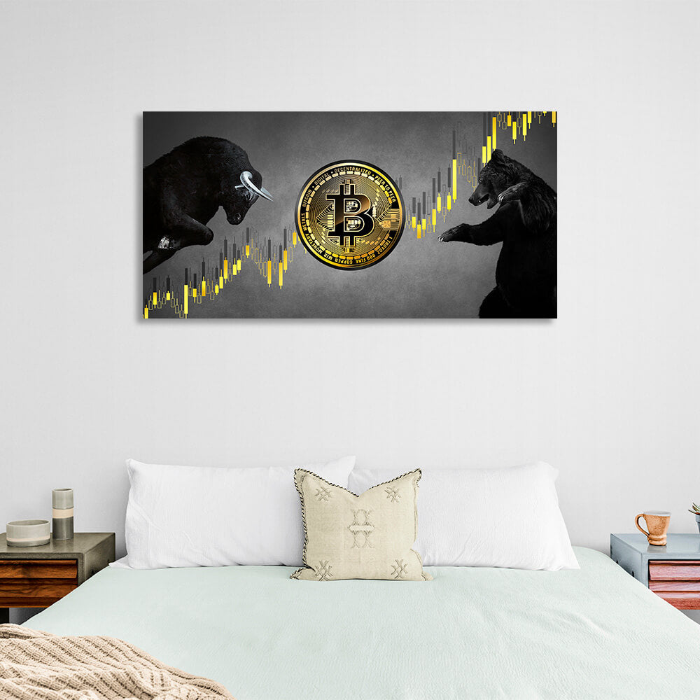 Bitcoin Bulle und Bär auf grauem Hintergrund Inspirierender Leinwand-Kunstdruck