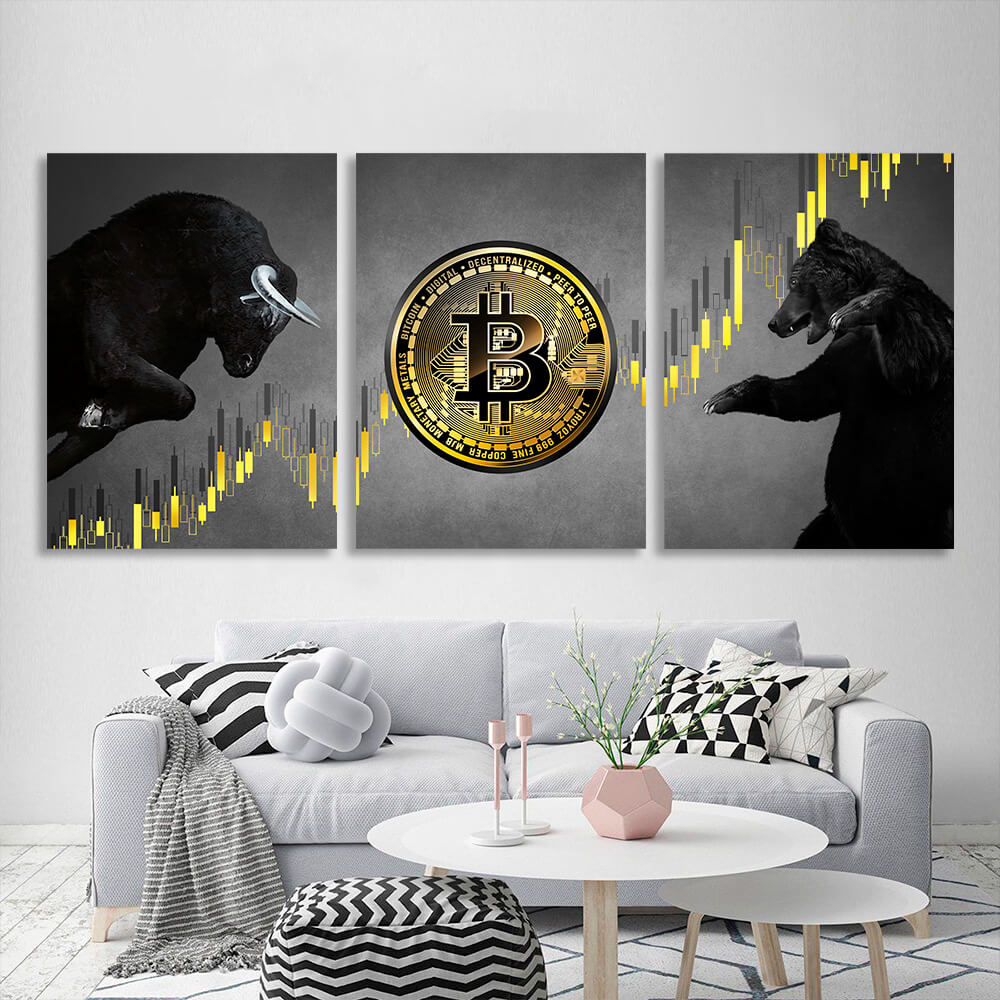 Modularer 3-teiliger Bitcoin-Bulle und -Bär auf grauem Hintergrund, mehrteiliger Kunstdruck auf Leinwand