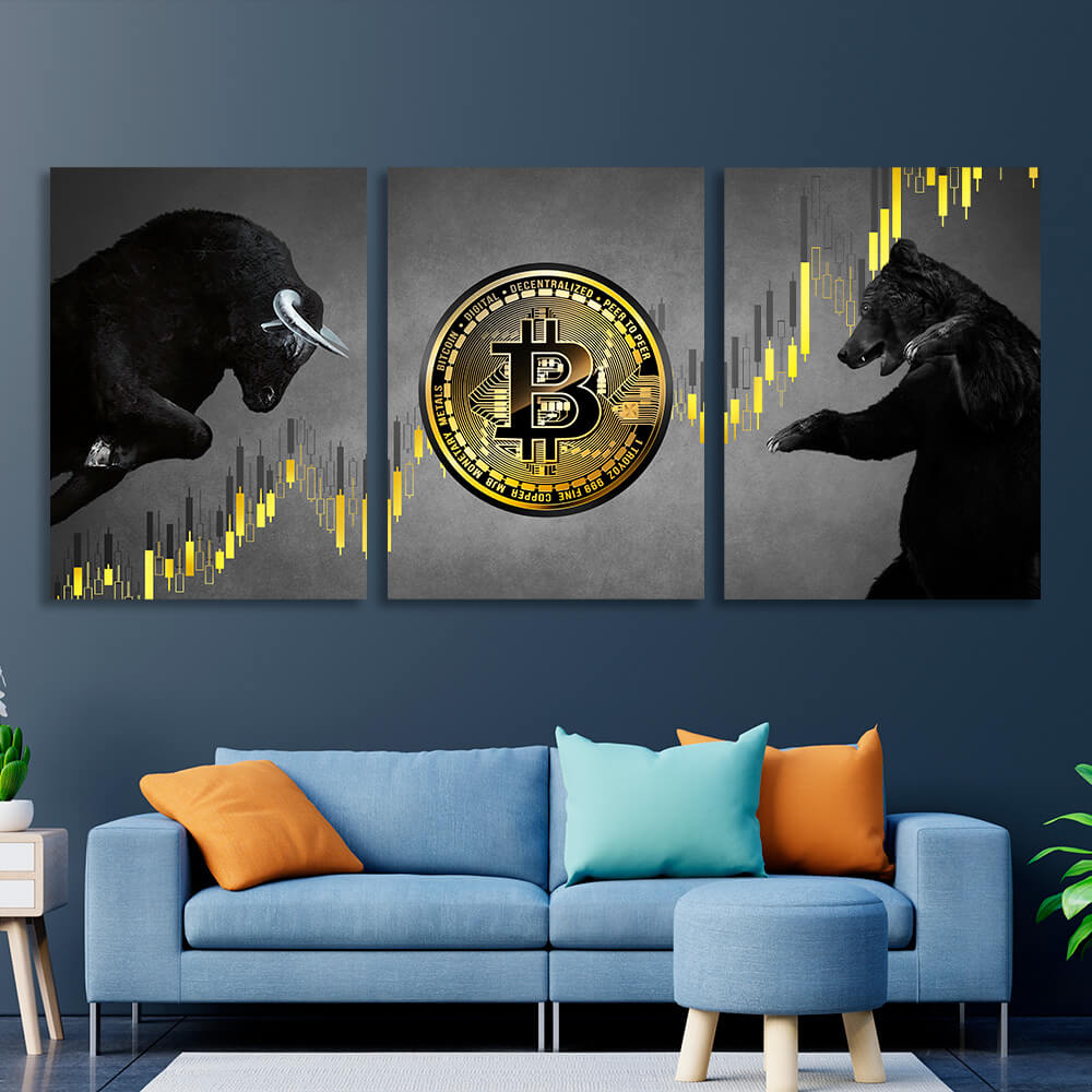 Modularer 3-teiliger Bitcoin-Bulle und -Bär auf grauem Hintergrund, mehrteiliger Kunstdruck auf Leinwand