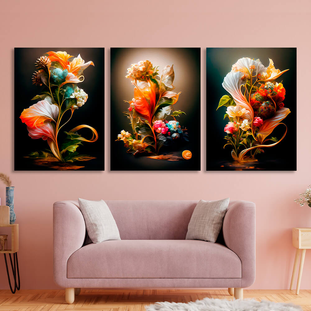 Modulares 3-teiliges Triptychon für Innenräume Retro Flowers Multi Panel Canvas Wall Art Print