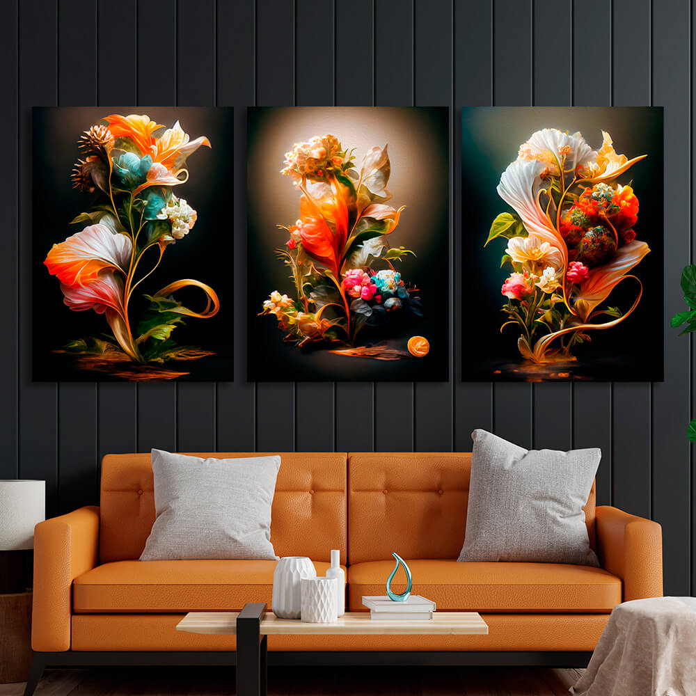 Modulares 3-teiliges Triptychon für Innenräume Retro Flowers Multi Panel Canvas Wall Art Print