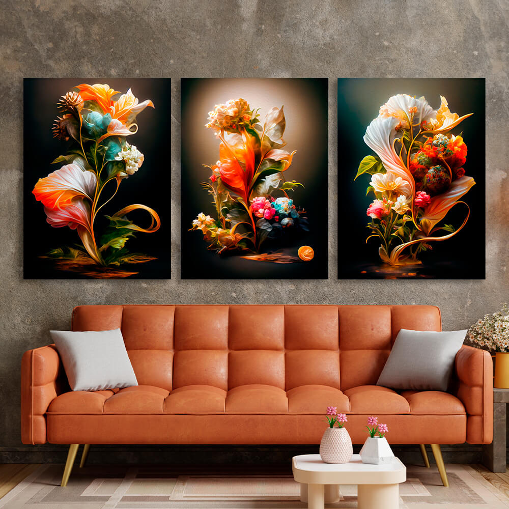 Modular interior triptych of 3 parts Retro Flowers Multi Panel Canvas Wall Art Print