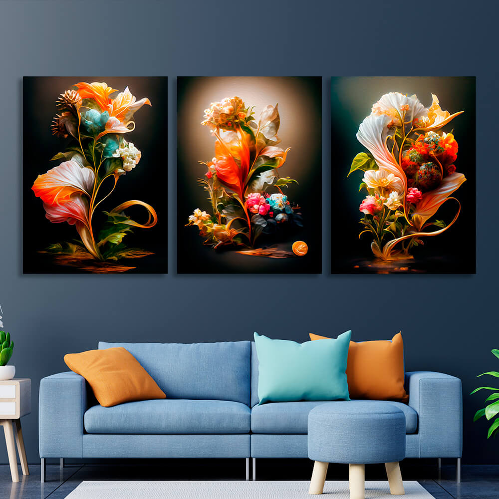 Modulares 3-teiliges Triptychon für Innenräume Retro Flowers Multi Panel Canvas Wall Art Print