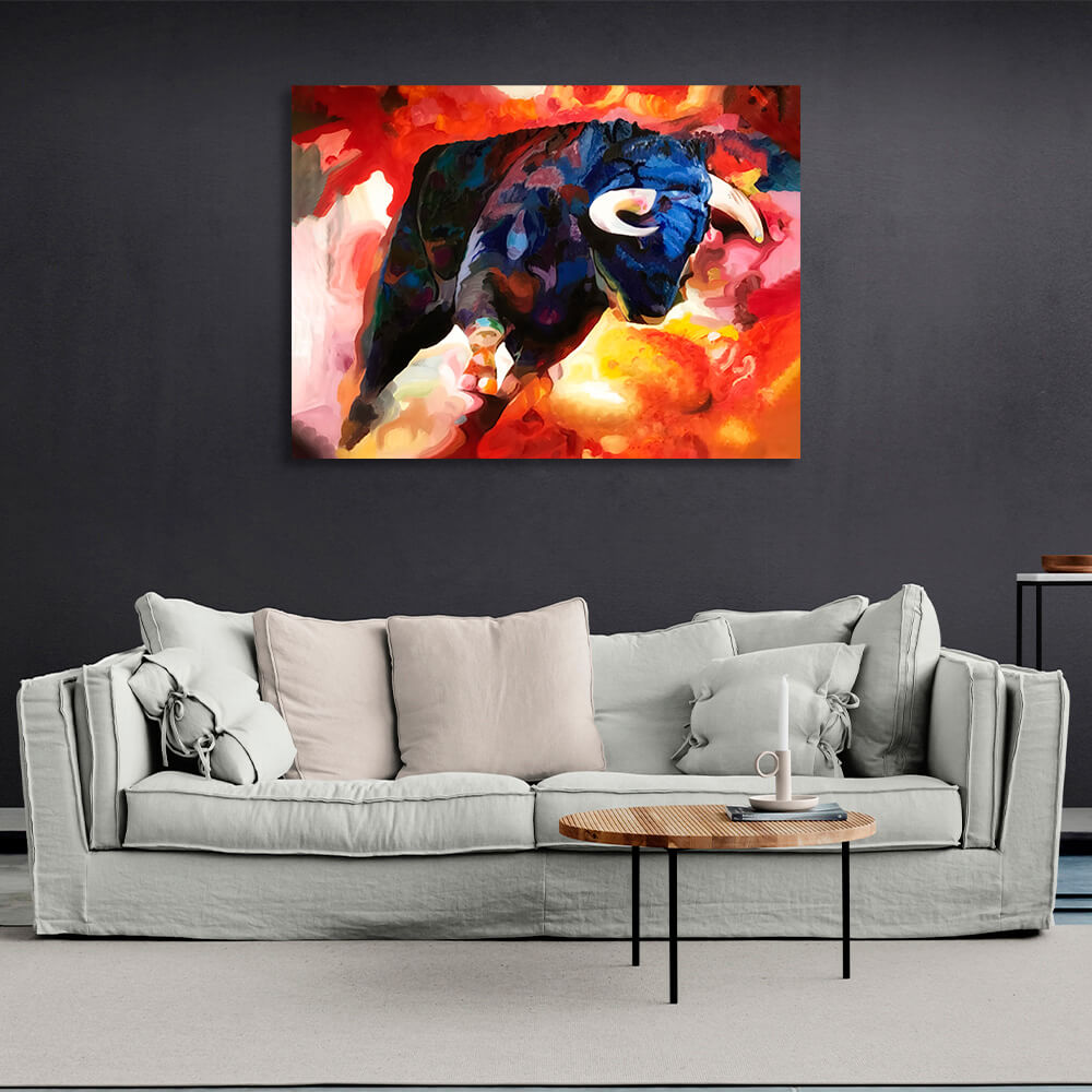 Blue bull on a red background Canvas Wall Art Print